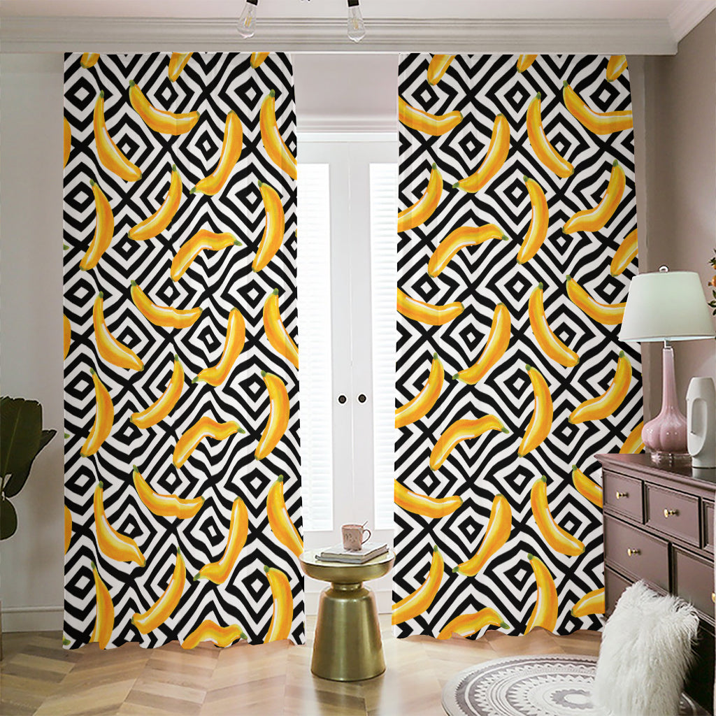 Black And White Geometric Banana Print Blackout Pencil Pleat Curtains