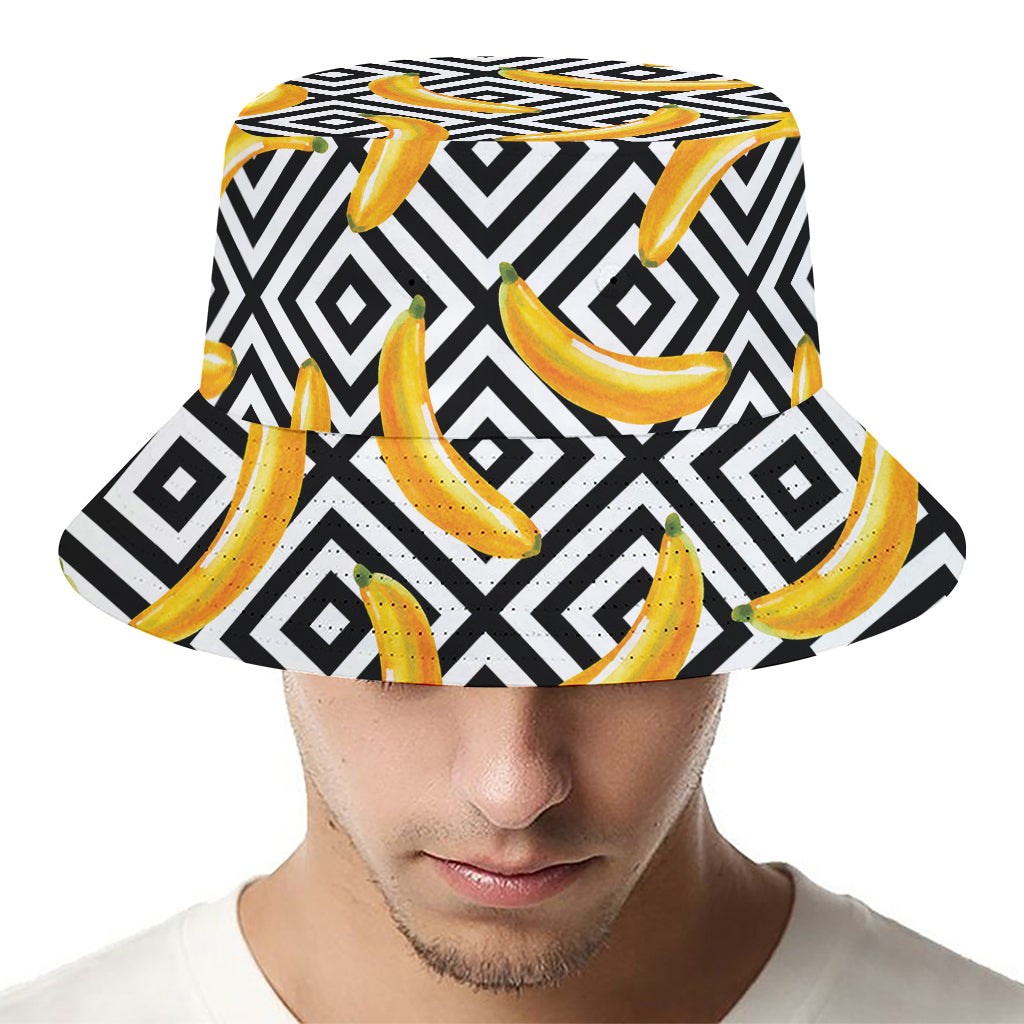 Black And White Geometric Banana Print Bucket Hat