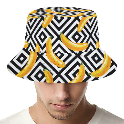 Black And White Geometric Banana Print Bucket Hat