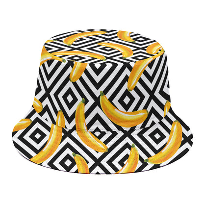 Black And White Geometric Banana Print Bucket Hat