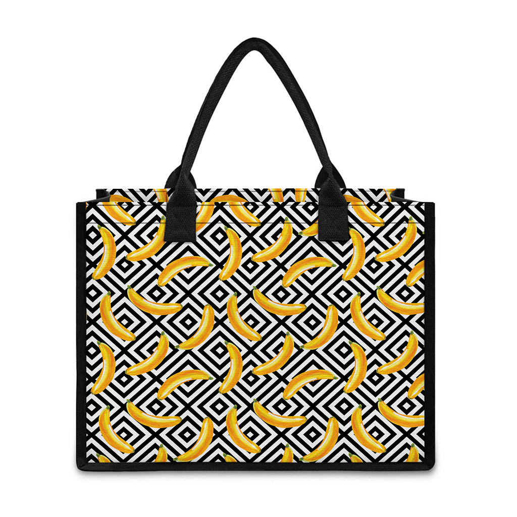 Black And White Geometric Banana Print Canvas Tote Bag