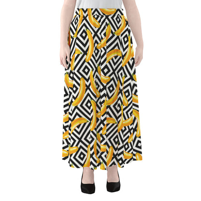Black And White Geometric Banana Print Chiffon Maxi Skirt