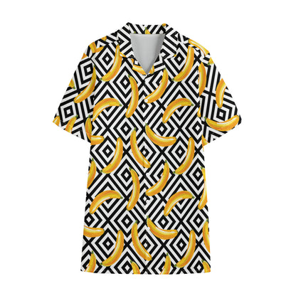Black And White Geometric Banana Print Cotton Hawaiian Shirt
