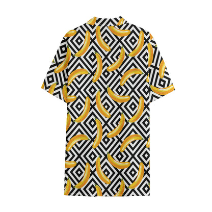 Black And White Geometric Banana Print Cotton Hawaiian Shirt