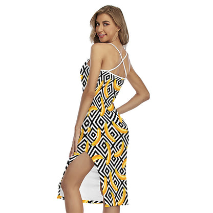 Black And White Geometric Banana Print Cross Back Cami Dress