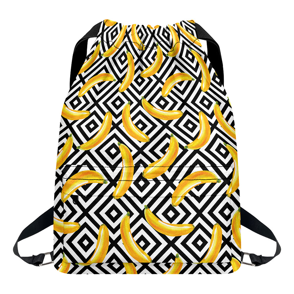 Black And White Geometric Banana Print Drawstring Backpack