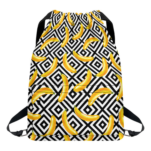 Black And White Geometric Banana Print Drawstring Backpack