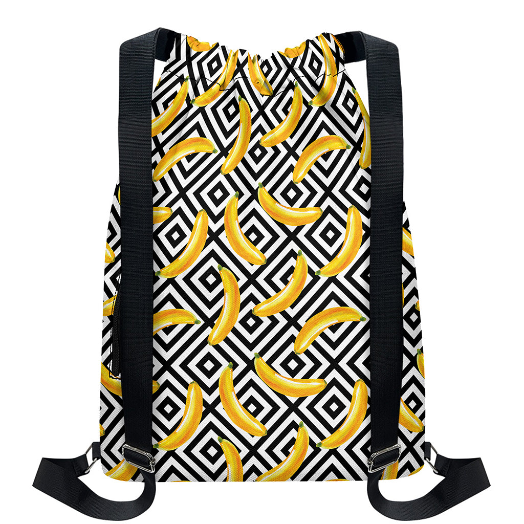 Black And White Geometric Banana Print Drawstring Backpack