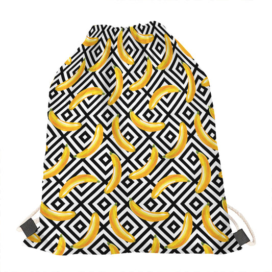 Black And White Geometric Banana Print Drawstring Bag