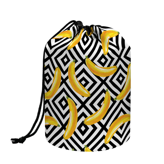 Black And White Geometric Banana Print Drawstring Makeup Bag