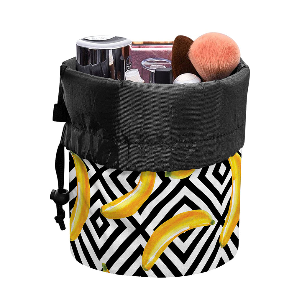 Black And White Geometric Banana Print Drawstring Makeup Bag