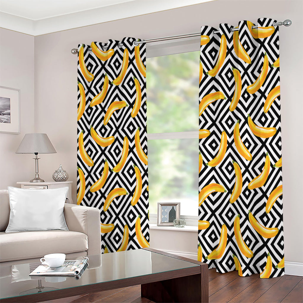 Black And White Geometric Banana Print Extra Wide Grommet Curtains
