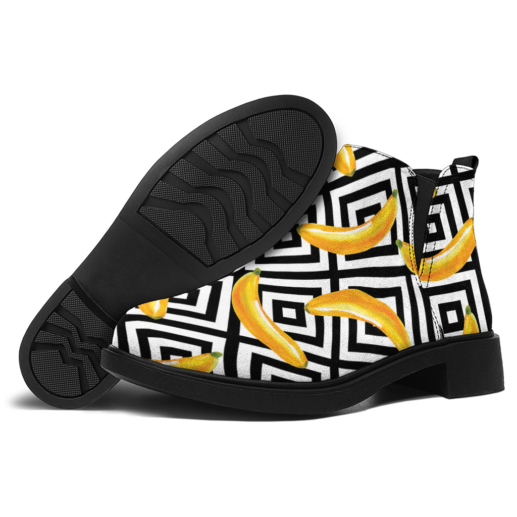 Black And White Geometric Banana Print Flat Ankle Boots