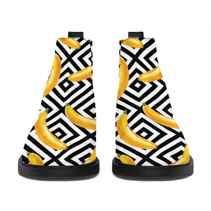 Black And White Geometric Banana Print Flat Ankle Boots