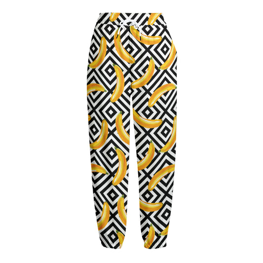 Black And White Geometric Banana Print Fleece Lined Knit Pants