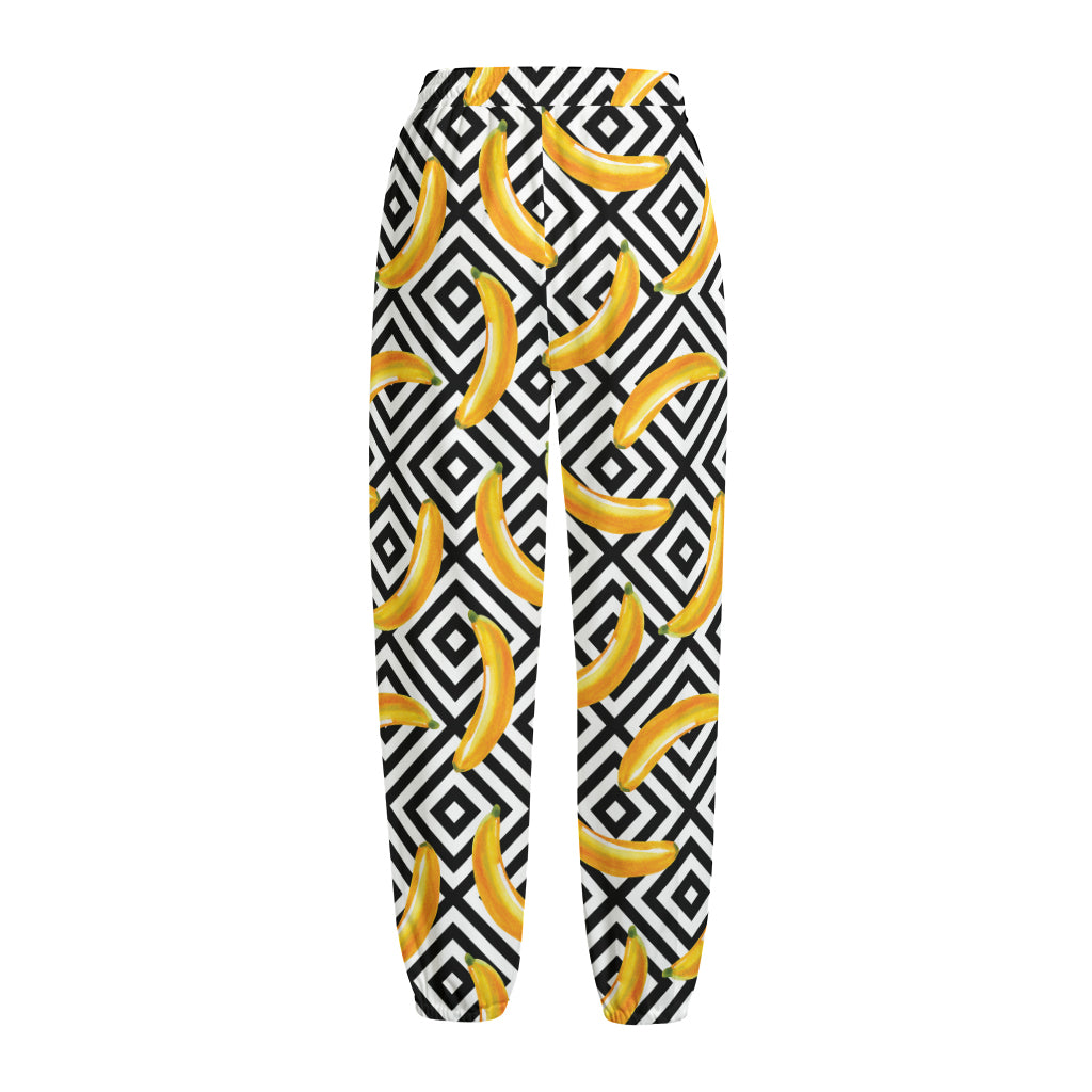 Black And White Geometric Banana Print Fleece Lined Knit Pants