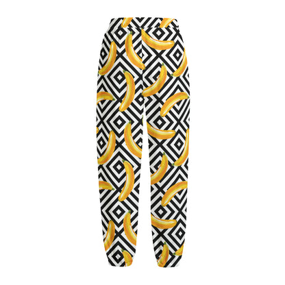 Black And White Geometric Banana Print Fleece Lined Knit Pants
