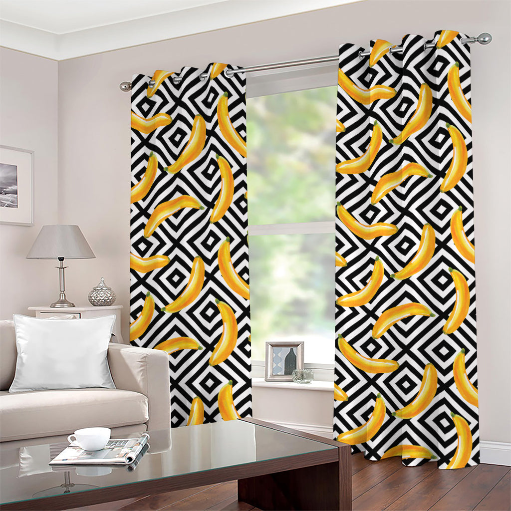 Black And White Geometric Banana Print Grommet Curtains