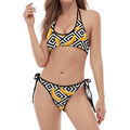 Black And White Geometric Banana Print Halter Scoop Tie Side Bikini
