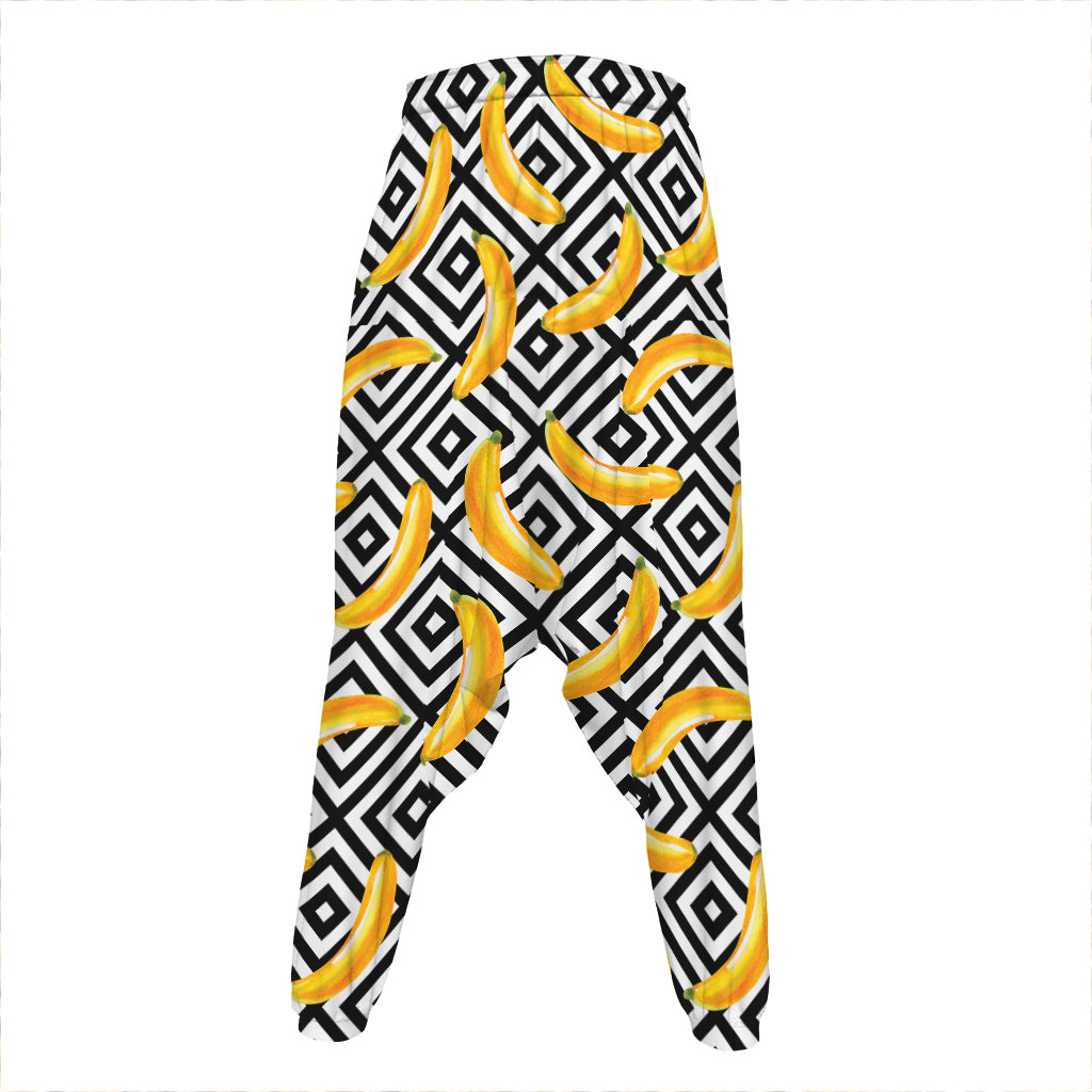 Black And White Geometric Banana Print Hammer Pants
