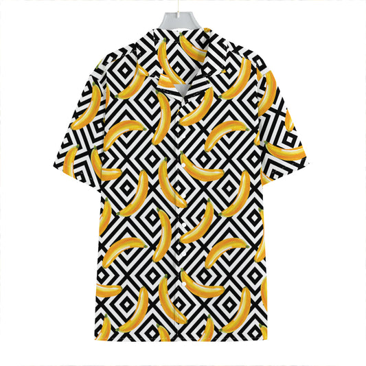 Black And White Geometric Banana Print Hawaiian Shirt