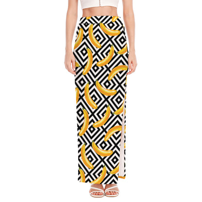 Black And White Geometric Banana Print High Slit Maxi Skirt