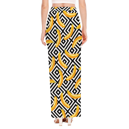 Black And White Geometric Banana Print High Slit Maxi Skirt