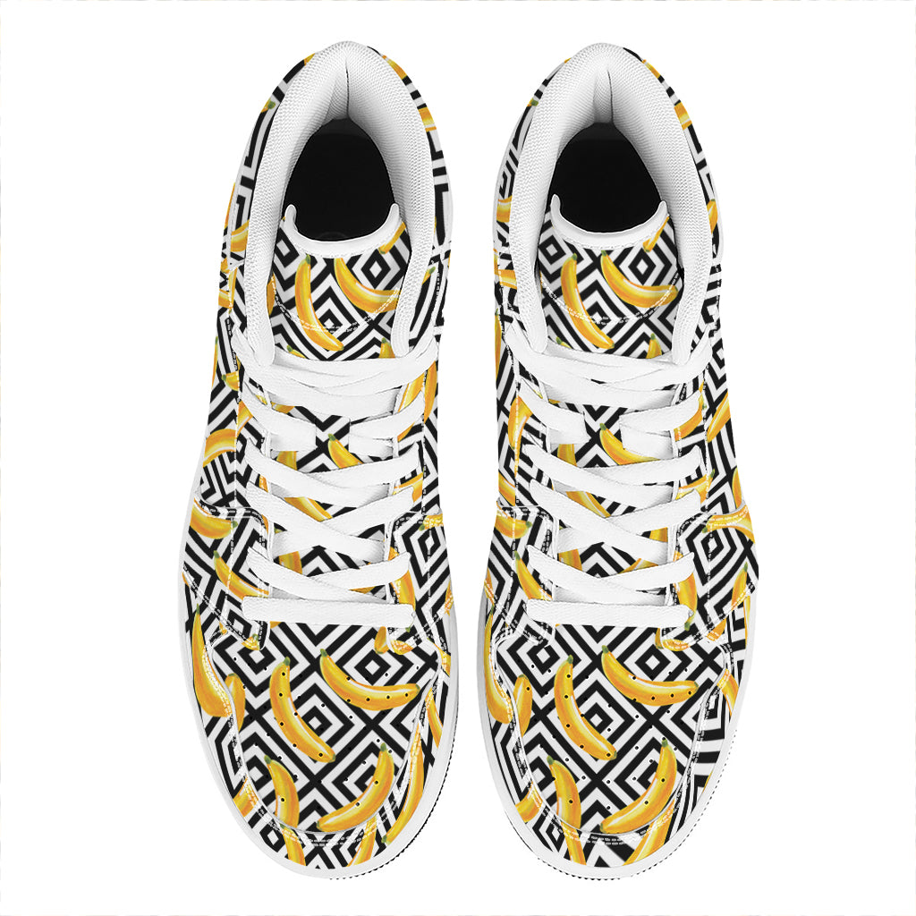 Black And White Geometric Banana Print High Top Leather Sneakers