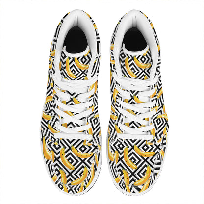 Black And White Geometric Banana Print High Top Leather Sneakers