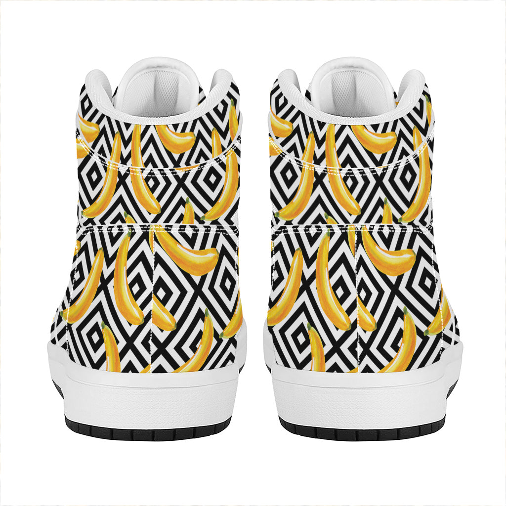 Black And White Geometric Banana Print High Top Leather Sneakers