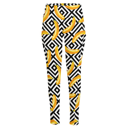Black And White Geometric Banana Print High-Waisted Pocket Leggings