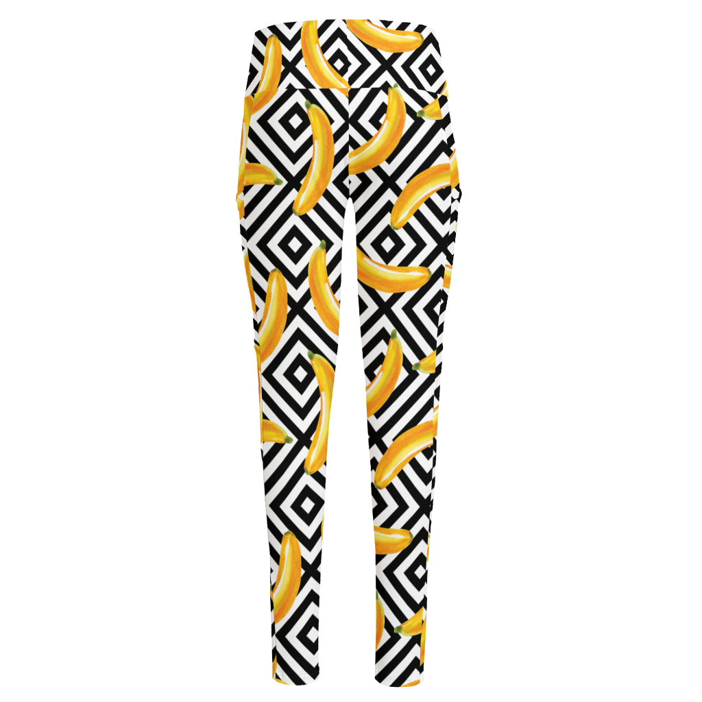 Black And White Geometric Banana Print High-Waisted Pocket Leggings