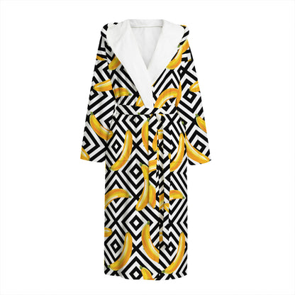 Black And White Geometric Banana Print Hooded Bathrobe