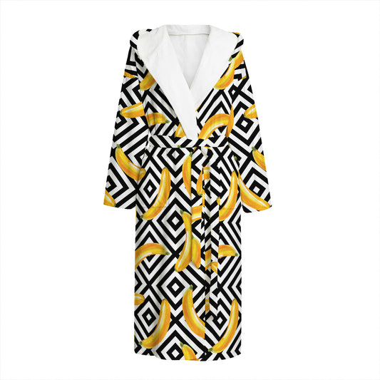 Black And White Geometric Banana Print Hooded Bathrobe