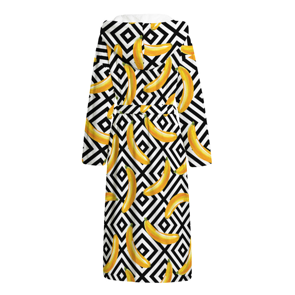 Black And White Geometric Banana Print Hooded Bathrobe