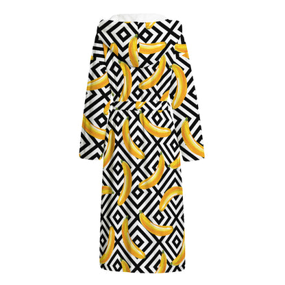 Black And White Geometric Banana Print Hooded Bathrobe