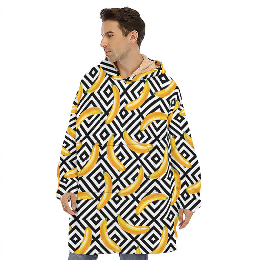 Black And White Geometric Banana Print Hoodie Blanket