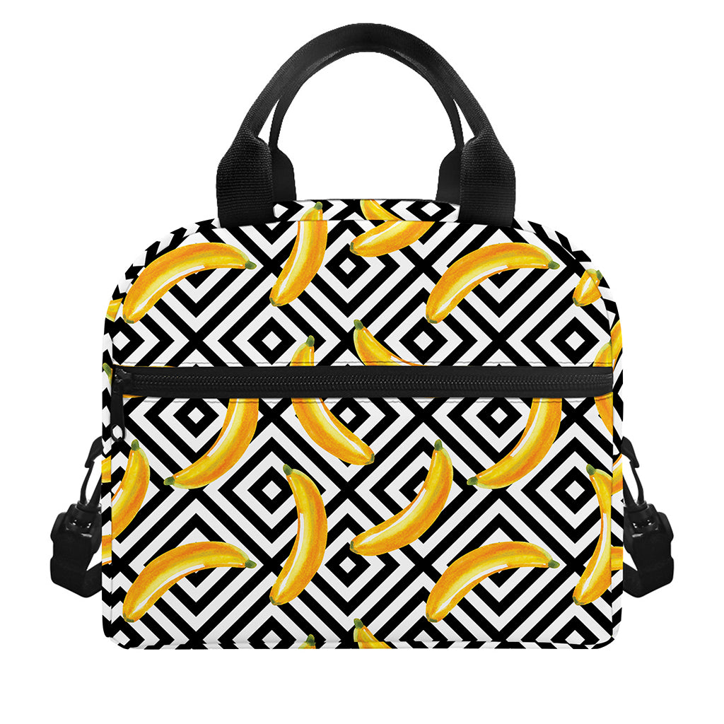 Black And White Geometric Banana Print Insulated Lunch Bag