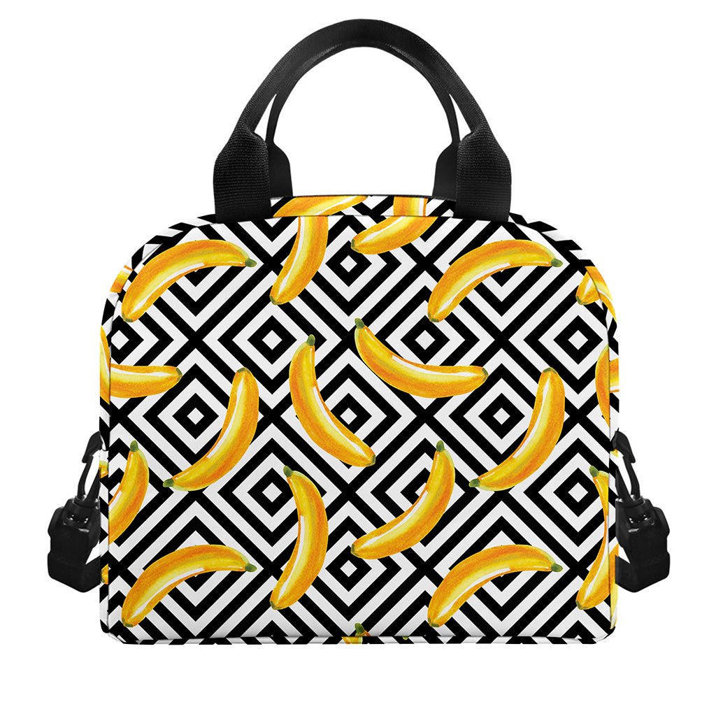 Black And White Geometric Banana Print Insulated Lunch Bag