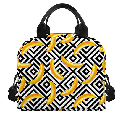 Black And White Geometric Banana Print Insulated Lunch Bag