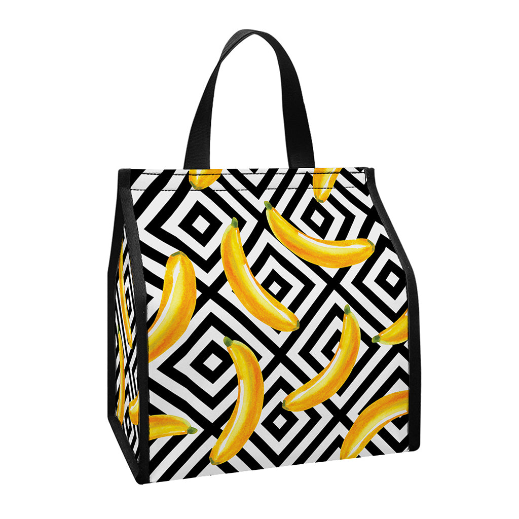 Black And White Geometric Banana Print Insulated Lunch Tote