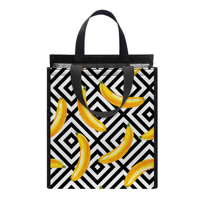 Black And White Geometric Banana Print Insulated Lunch Tote