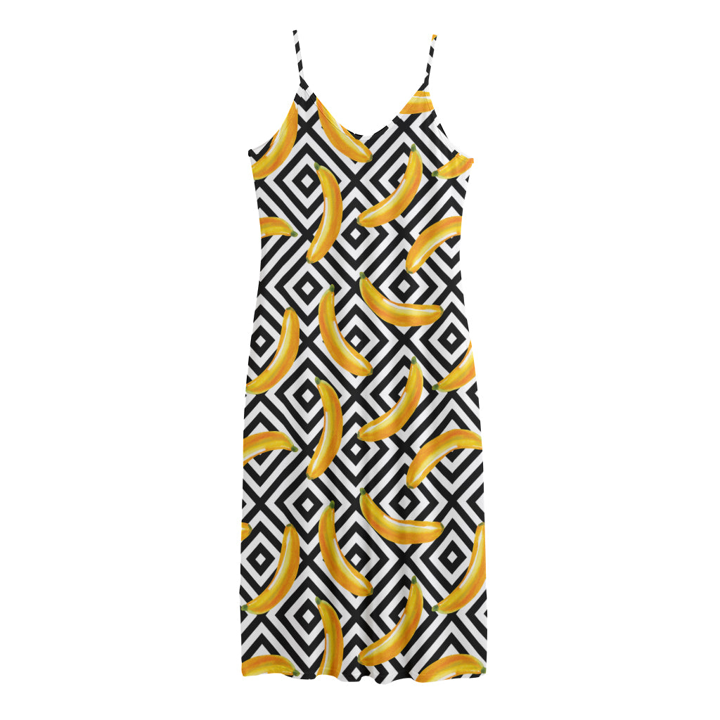 Black And White Geometric Banana Print Jersey Midi Cami Dress