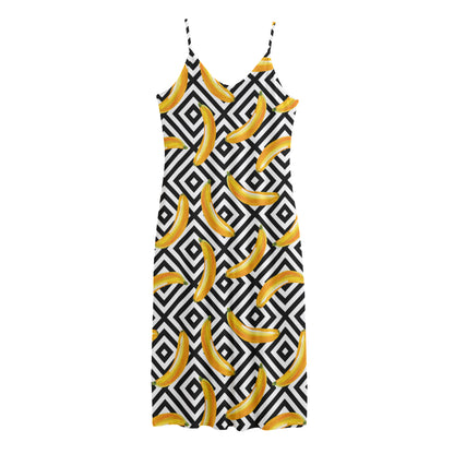 Black And White Geometric Banana Print Jersey Midi Cami Dress