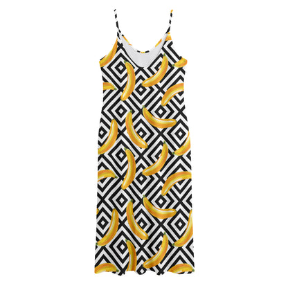 Black And White Geometric Banana Print Jersey Midi Cami Dress