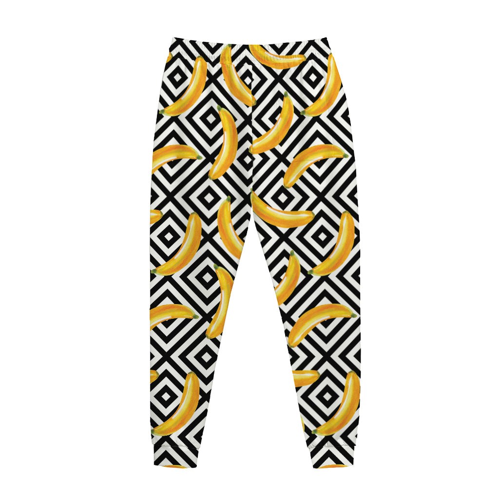 Black And White Geometric Banana Print Jogger Pants