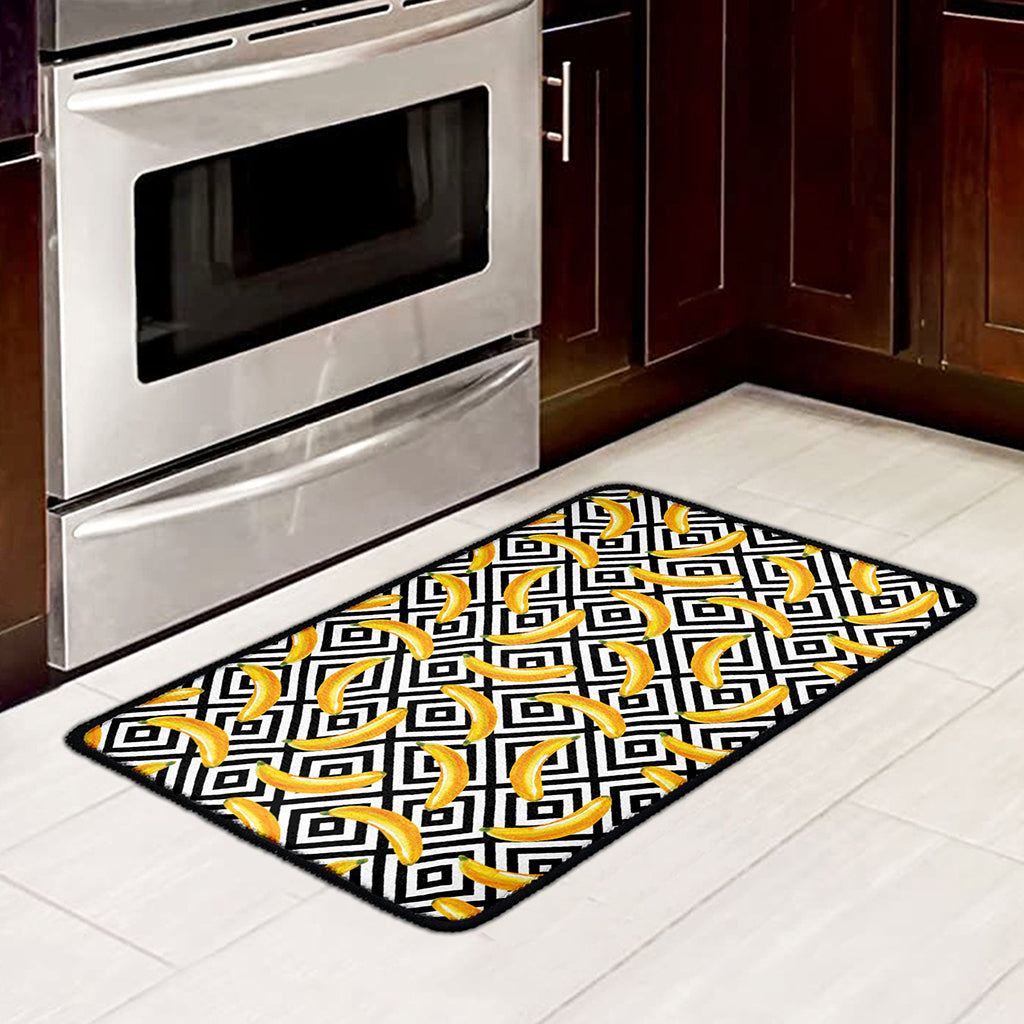 Black And White Geometric Banana Print Kitchen Mat