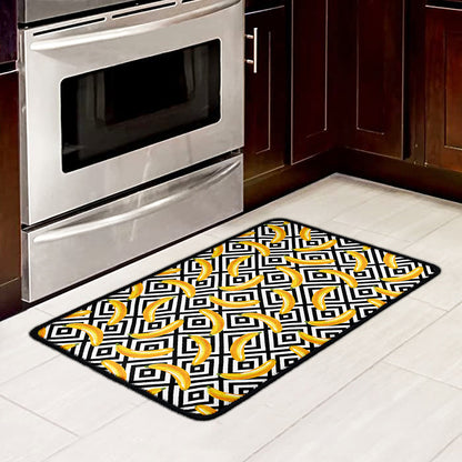 Black And White Geometric Banana Print Kitchen Mat