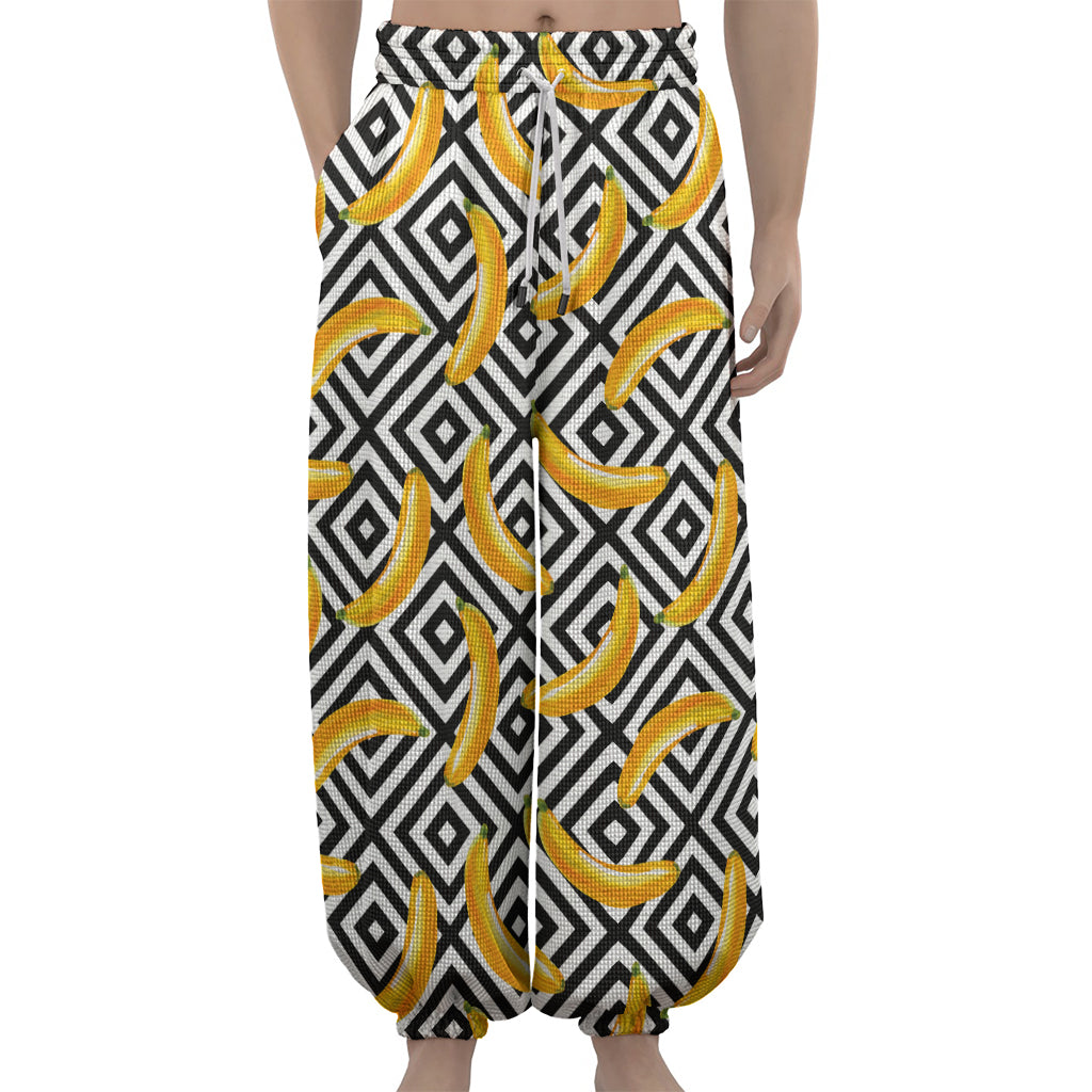 Black And White Geometric Banana Print Lantern Pants
