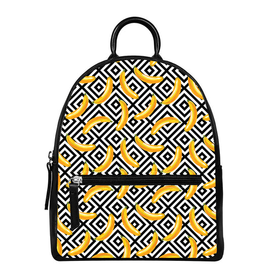 Black And White Geometric Banana Print Leather Backpack